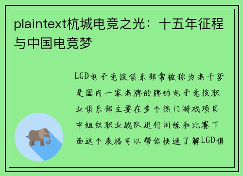 plaintext杭城电竞之光：十五年征程与中国电竞梦