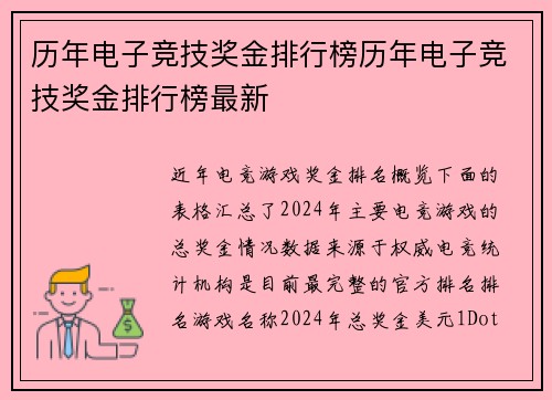 历年电子竞技奖金排行榜历年电子竞技奖金排行榜最新